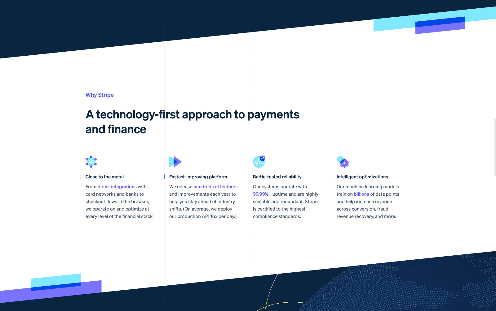Screenshot of Stripe.com with an arrow pointed towards a dotted circle highlighting a small part of it.